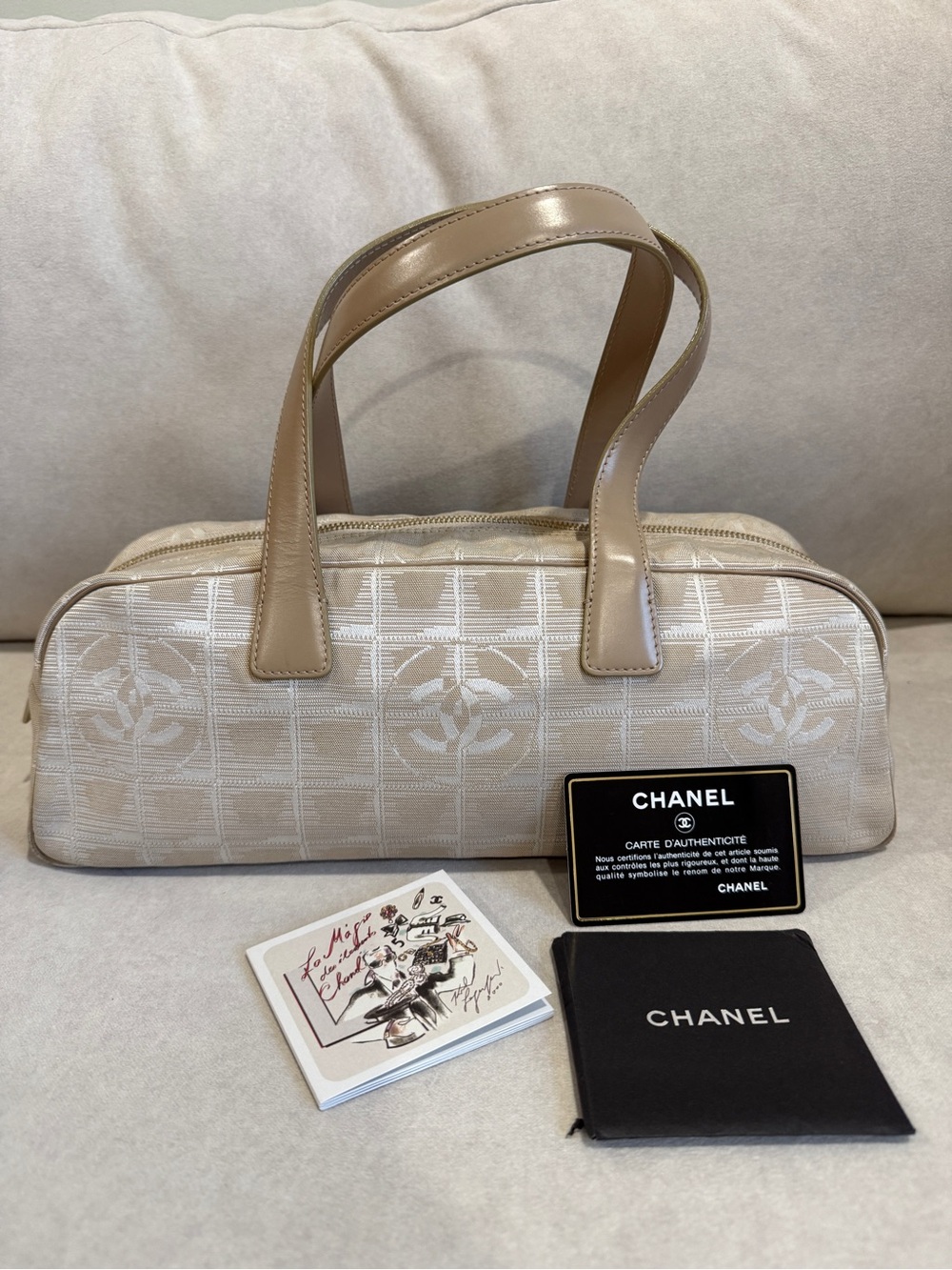 CHANEL Beige Logo Jacquard Satchel with Tan Leather Handles